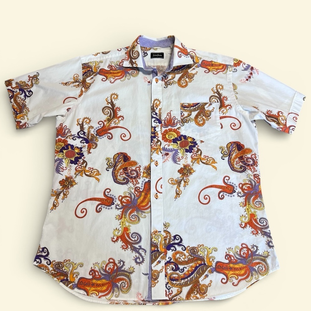 Neiman Marcus Men’s Paisley Print Button-Down Shirt | Medium | Short Sleeve - Picture 14 of 14